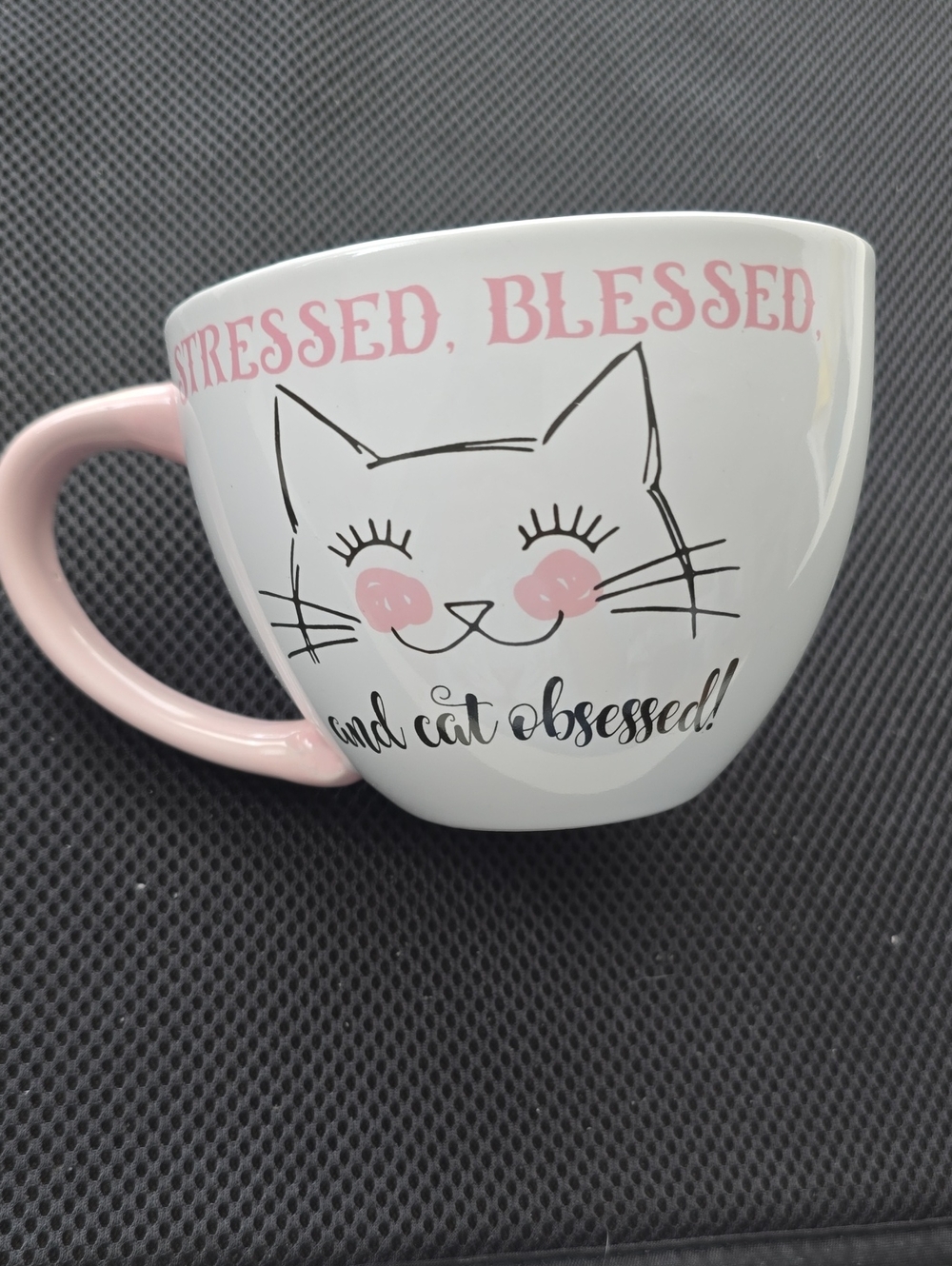 Stressed, Blessed Pink & White Cat Mug